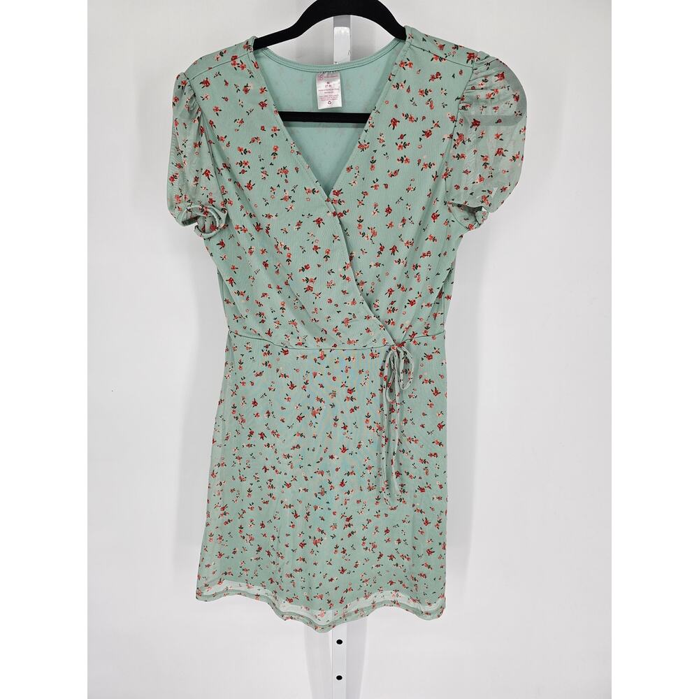 No Boundaries Women's Green Short Sleeve Wrap V-neck Polyester Mini Dress Size M